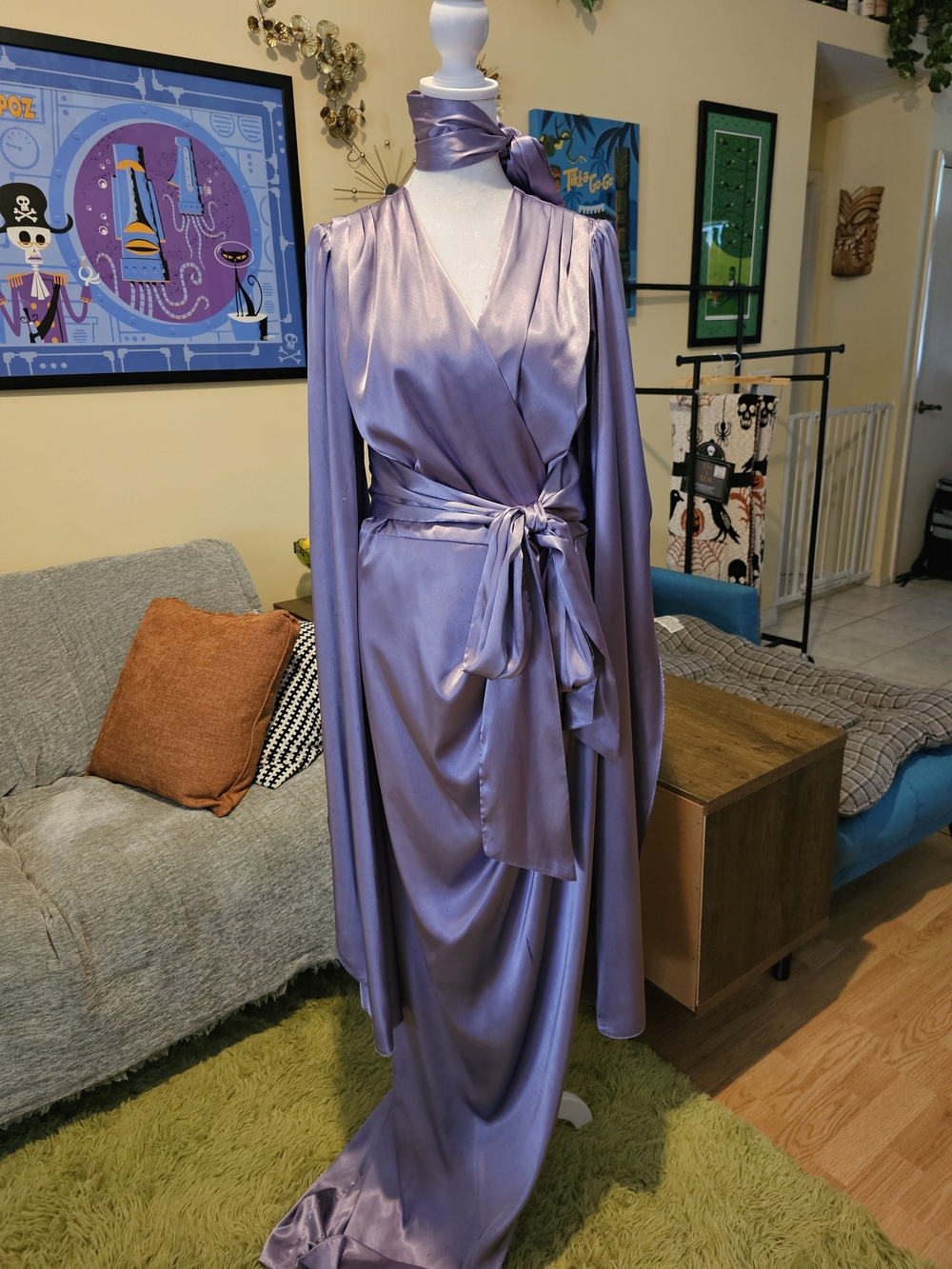 Catherine D'lish Lavender Satin Wrap Robe with Tie Belt And Scarf